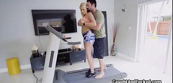  Big tit blonde banged on treadmill by voyeur
